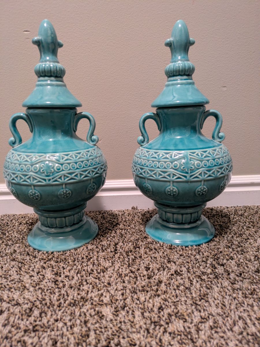 Pair of Ceramic Turquoise Vases / Apothecary Urns
