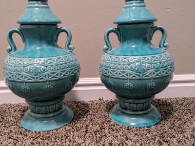 Pair of Ceramic Turquoise Vases / Apothecary Urns