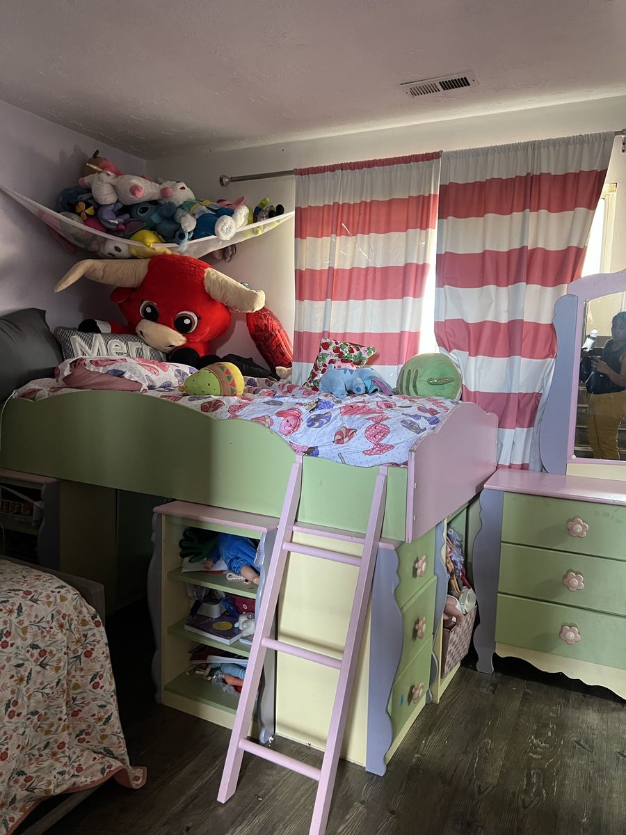 Kids Loft Bed with Ladder and Storage - Pink & Green