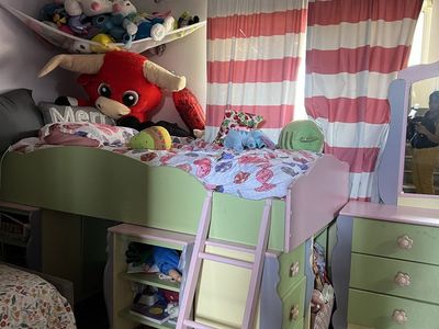 Kids Loft Bed with Ladder and Storage - Pink & Green