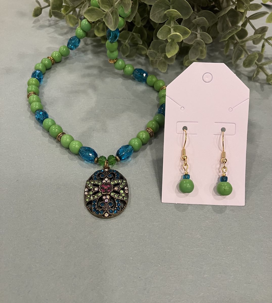 Vintage Style Lime Green & Blue Beaded Necklace And Drop Style Earrings