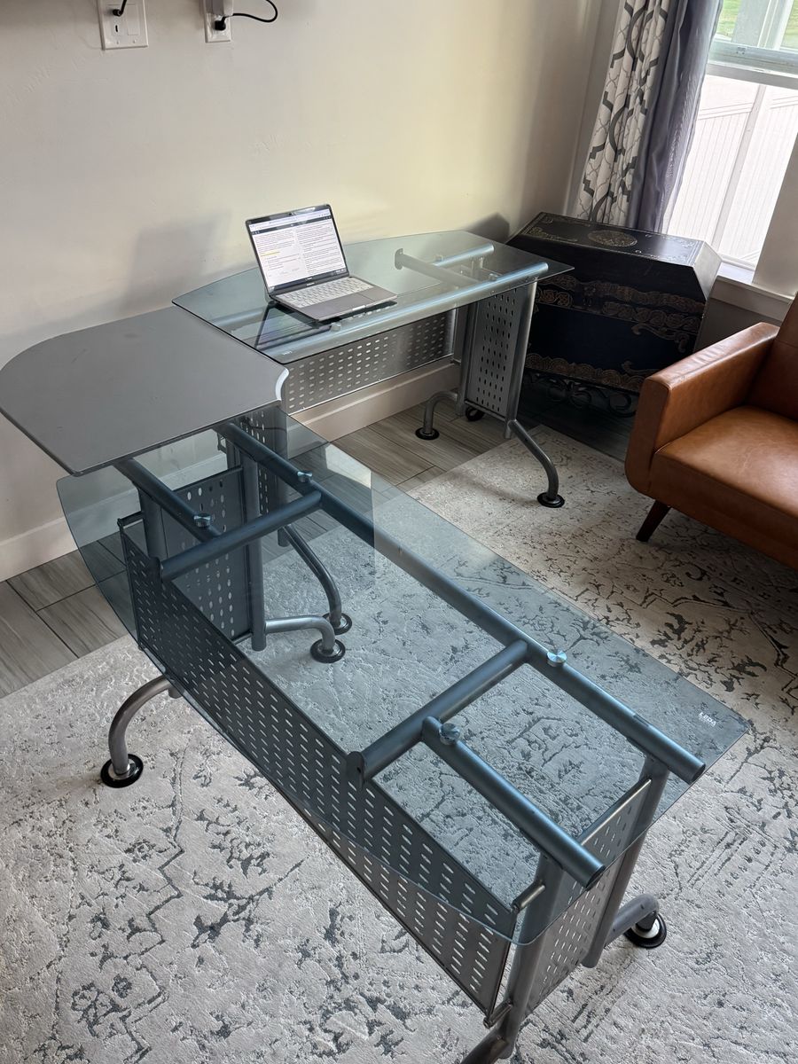 Large Glass Top L-Shaped Desk with Metal Frame - Ideal for Home Office