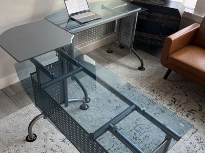 Large Glass Top L-Shaped Desk with Metal Frame - Ideal for Home Office