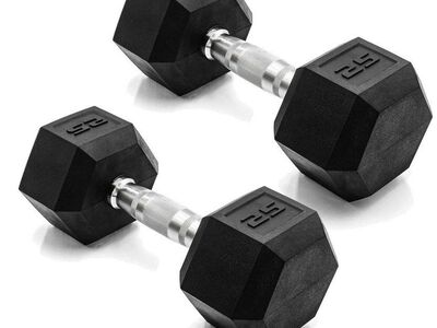 pair of 25lb rubber hex dumbbells