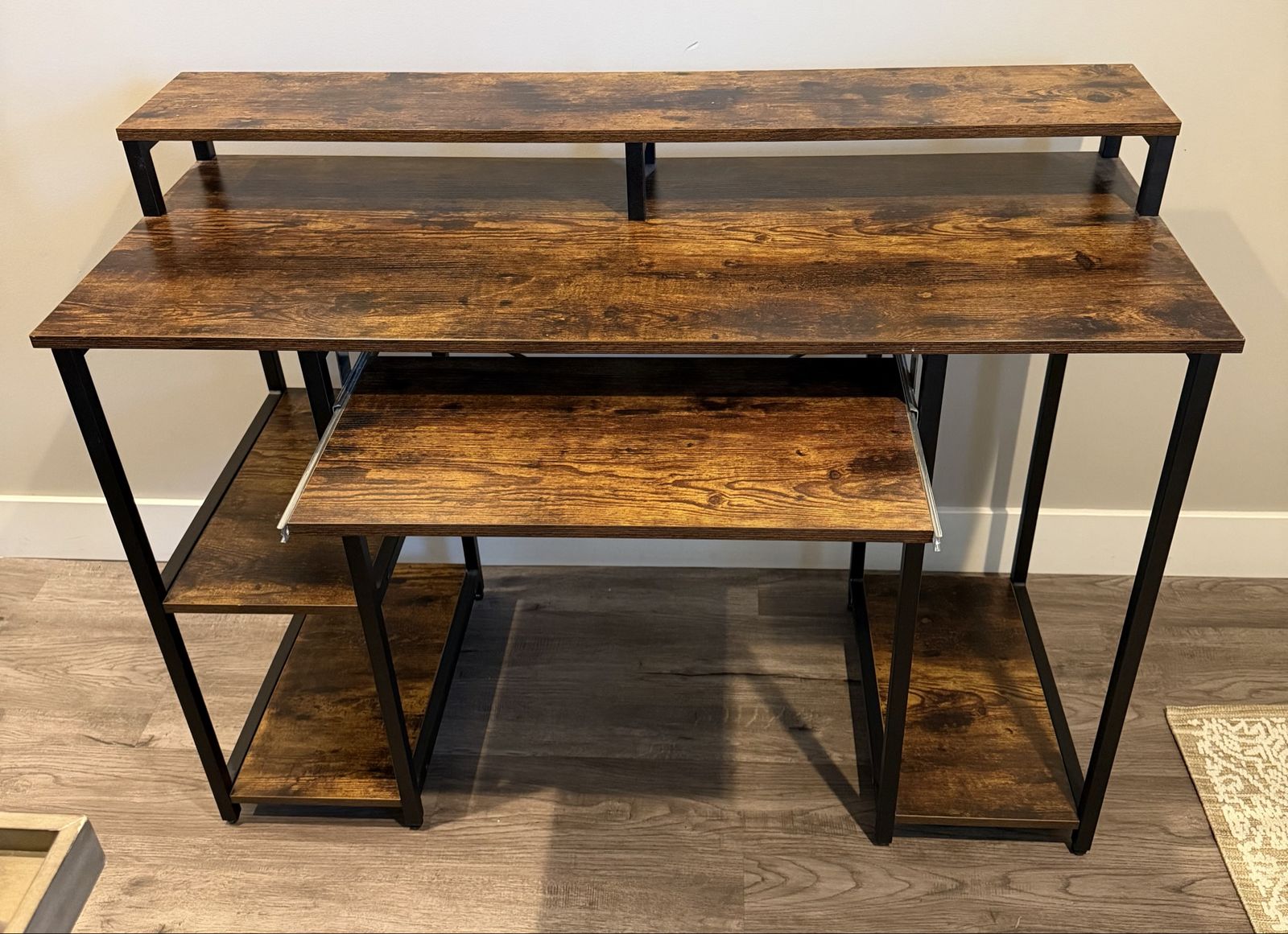 Computer Desk with Monitor Stand & Keyboard Tray - Industrial Wood & Metal, Multi-Tier Storage