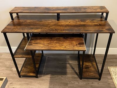 Computer Desk with Monitor Stand & Keyboard Tray - Industrial Wood & Metal, Multi-Tier Storage