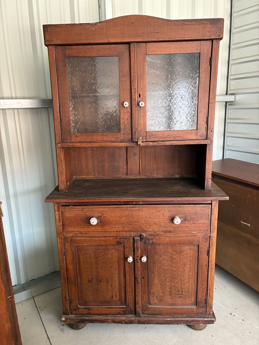 Vintage Wooden Kitchen Hutch Cabinet with Glass Doors and Porcelain Knobs