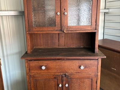 Vintage Wooden Kitchen Hutch Cabinet with Glass Doors and Porcelain Knobs