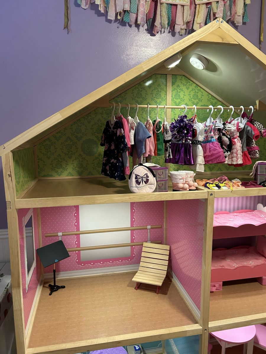 Wooden Dollhouse Play Set with Closet, Furniture, and Doll Clothes