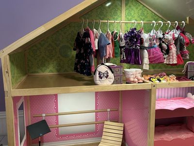 Wooden Dollhouse Play Set with Closet, Furniture, and Doll Clothes