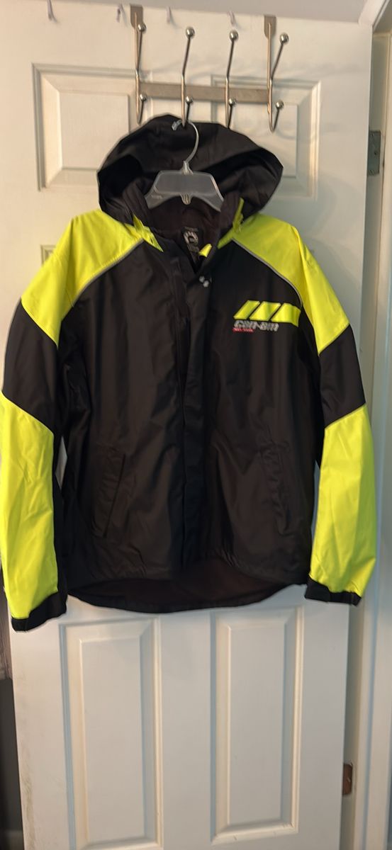 BRP Can-Am Black & Neon Yellow Waterproof Rain Jacket Men's Size Large with Hood