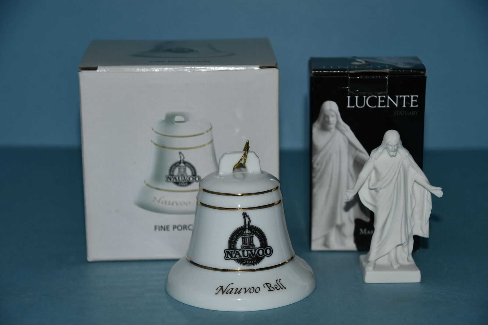 2001 PORCELAIN "NAUVOO BELL" + PERSONAL MARBLE STATUE of CHRIST ~ ALL FOR $5