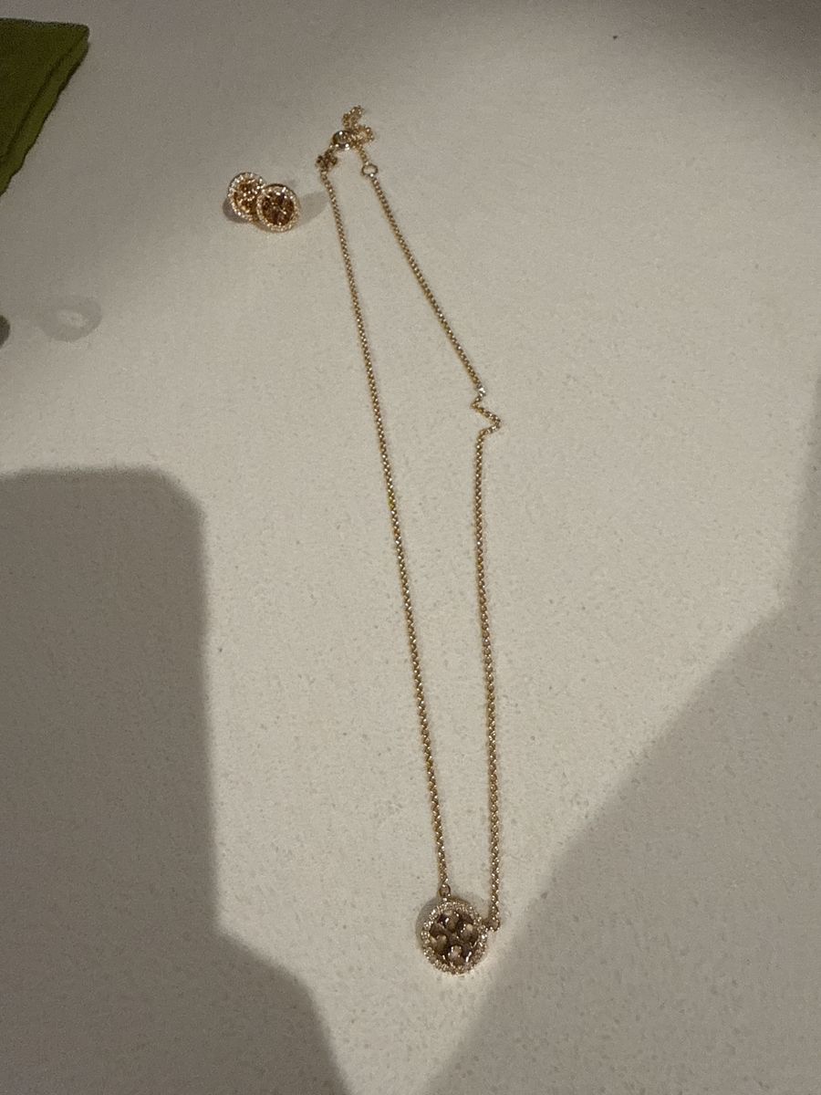 Tory Burch Kira Pave Pave Circle Logo Necklace & Stud Earrings Set Gold Tone