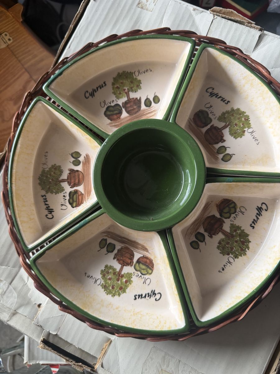 Cyprus Olives Ceramic Divided Serving Tray with Woven Basket
