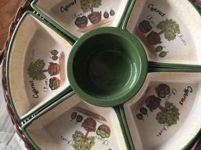 Cyprus Olives Ceramic Divided Serving Tray with Woven Basket