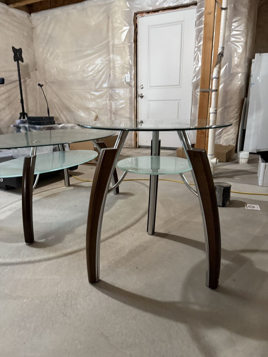 Modern Glass Coffee & End Table Set - Wood & Chrome Accents