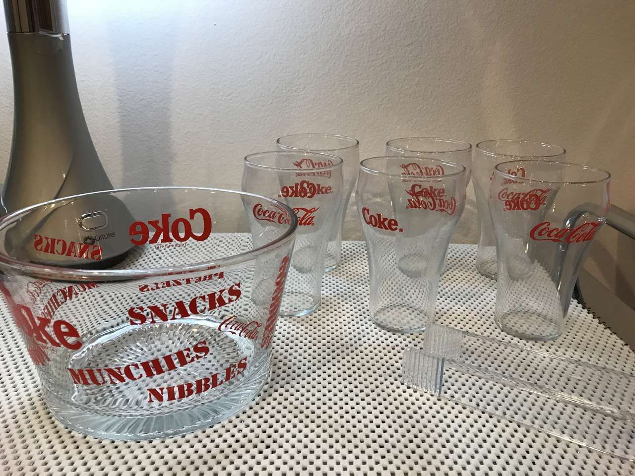 Coke/Coca Cola 8 piece Set -Snack/Ice Bowl. 6 Glasses and Tongs Brand New, Vintage or