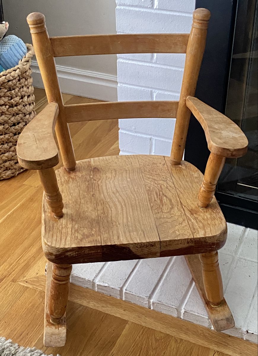 Vintage Mid Century Child's Solid Wood Armed Rocking Chair Ladder Back Rustic Farmhouse