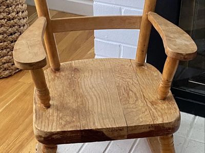 Vintage Mid Century Child's Solid Wood Armed Rocking Chair Ladder Back Rustic Farmhouse
