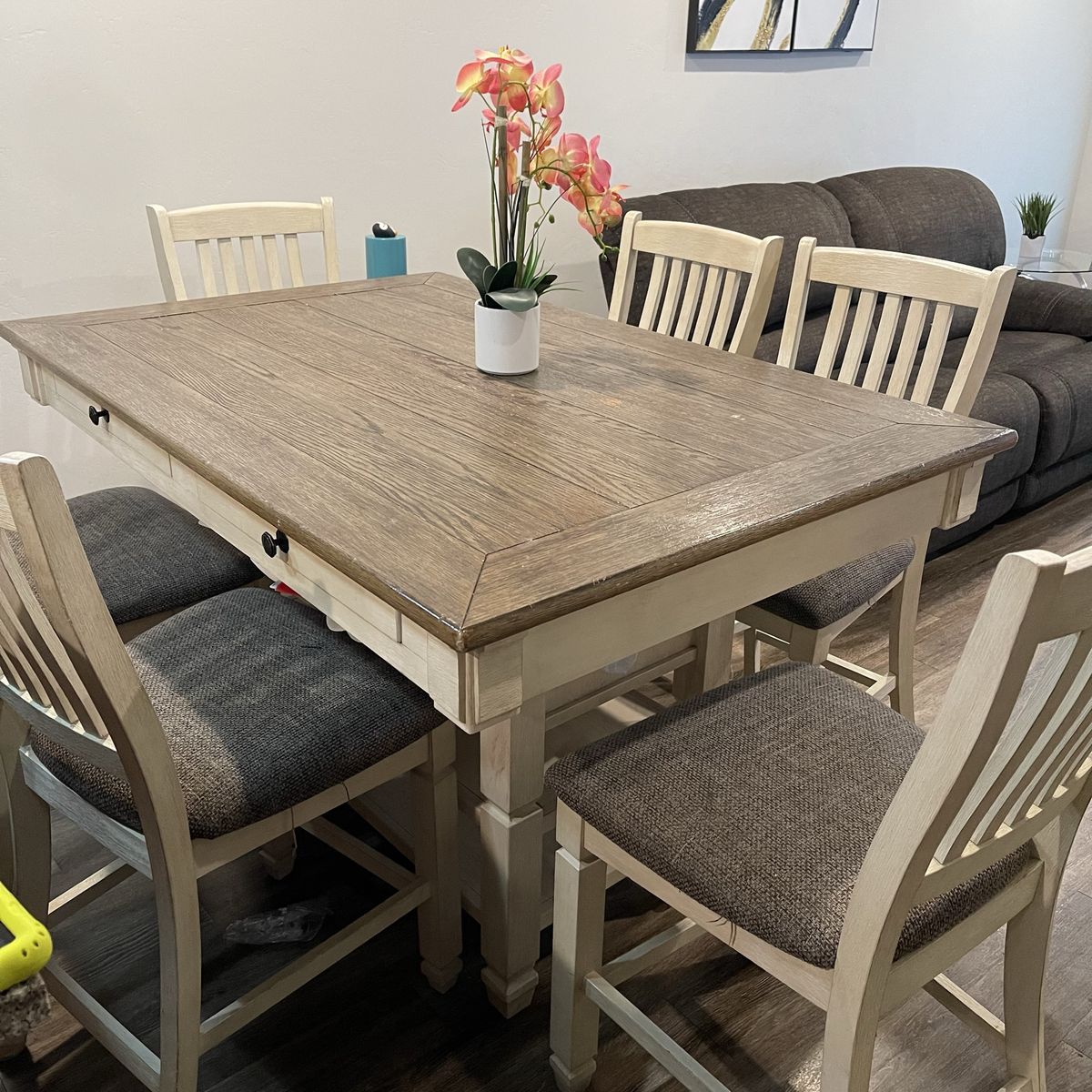 Ashley Furniture Bolanburg Counter Height Dining Table & 6 Stools Two-Tone, Drawers Farm House Rustic Style