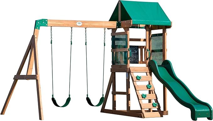 Backyard Discovery Buckley Hill Cedar Wood Swing Set, Wave Slide, Play Deck, Rock Wall Ladder, Green