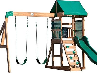 Backyard Discovery Buckley Hill Cedar Wood Swing Set, Wave Slide, Play Deck, Rock Wall Ladder, Green
