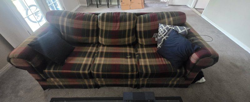 OBO-Plaid Sofa and Armchair with Ottoman - Cozy Living Room Set, Excellent Condition
