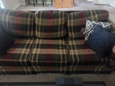 OBO-Plaid Sofa and Armchair with Ottoman - Cozy Living Room Set, Excellent Condition