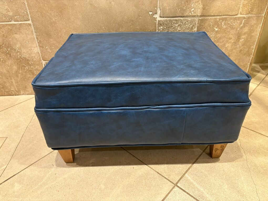 Blue Faux Leather Ottoman On Wood Feet