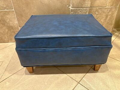 Blue Faux Leather Ottoman On Wood Feet