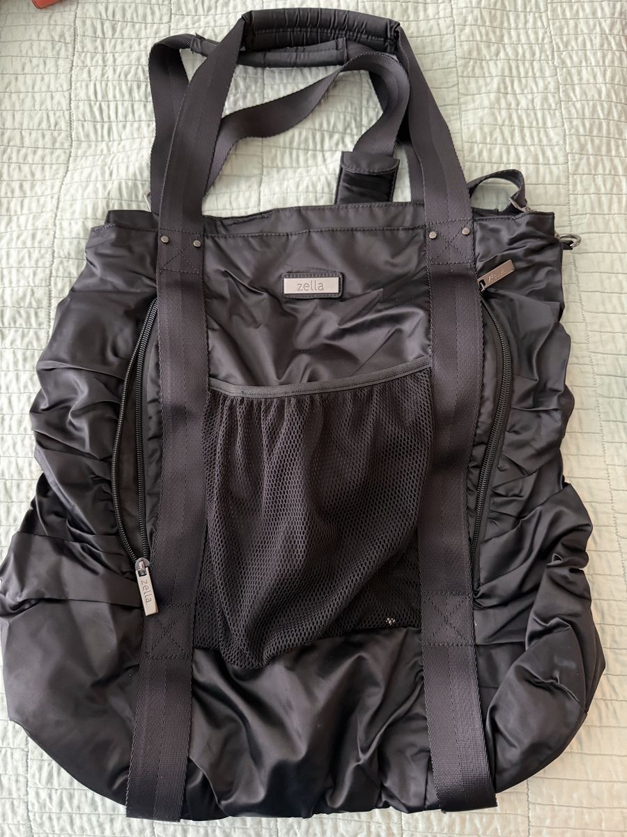 Zella Black Nylon Ruched Tote Gym Bag with Mesh Pocket