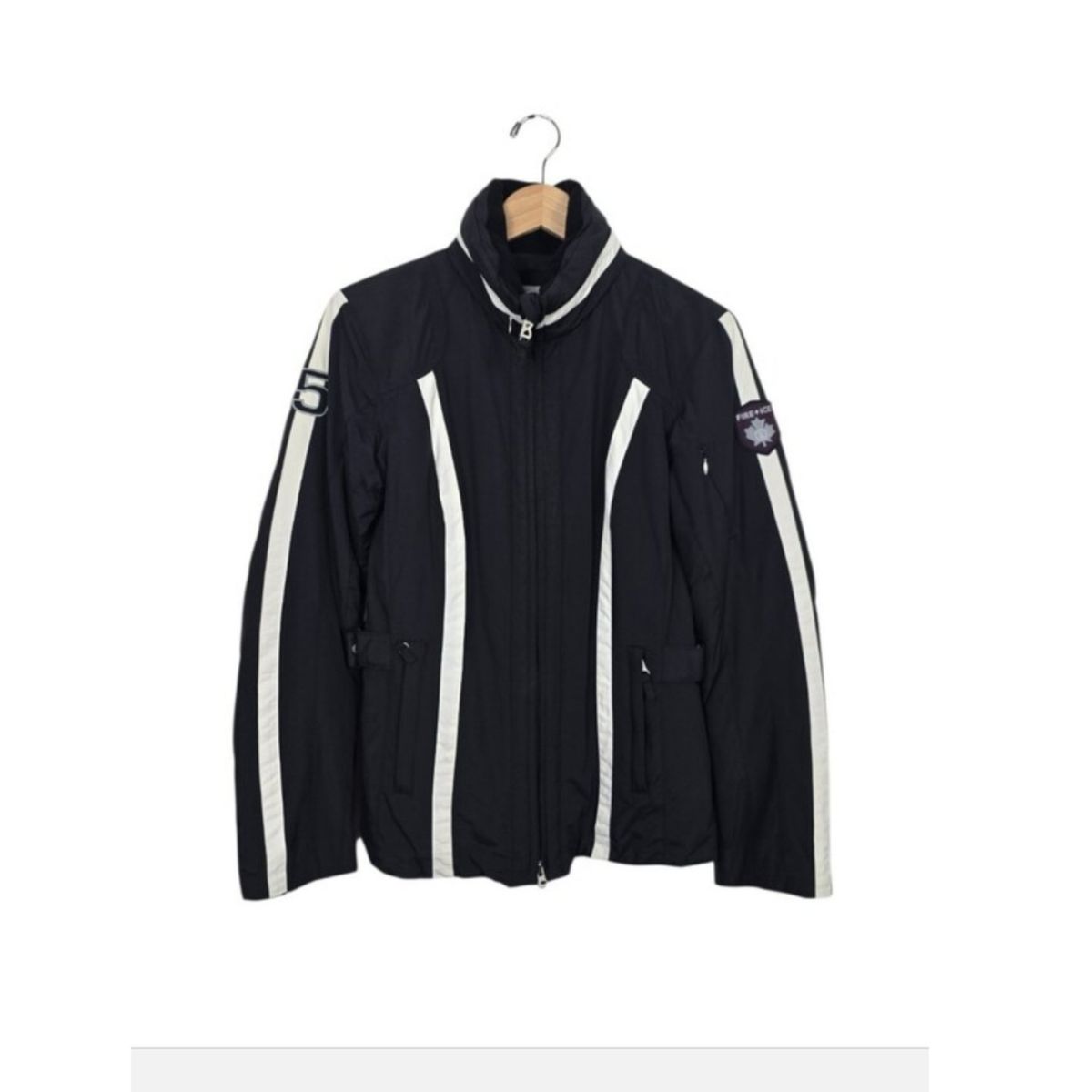 Bogner Fire & Ice Racing Stripe Ski Jacket Stowaway Hood Black White Women's 6