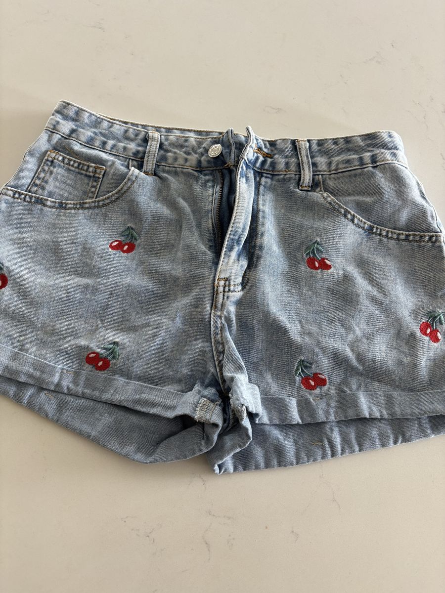 Denim Shorts with Cherry Embroidery