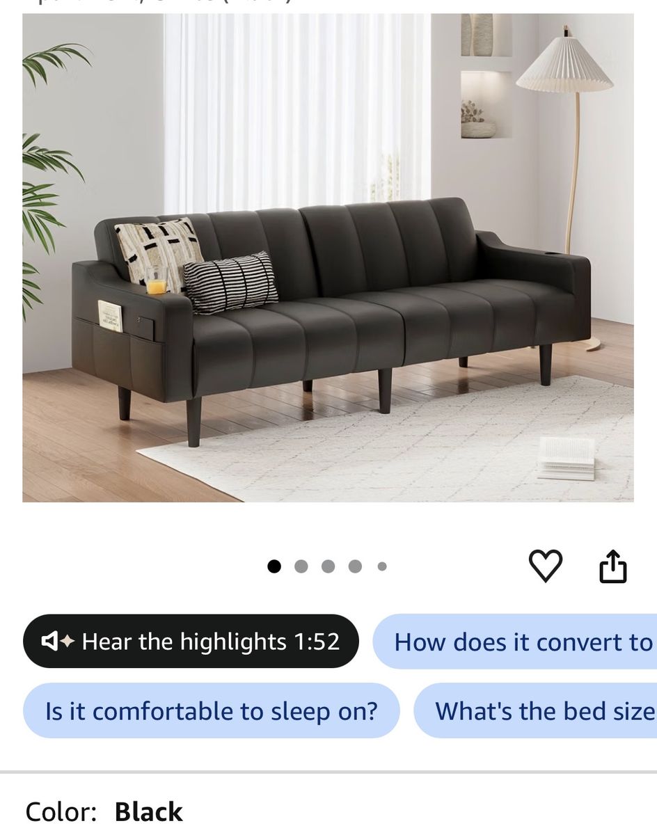 Black Faux Leather Convertible Sofa Bed with Cupholders - 80" x 29.7" Sofa/70.5" x 38.8" Bed