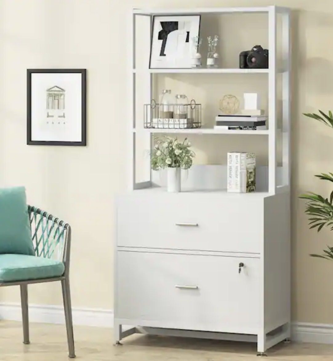 NEW Atencio 2-Drawer White Wood 29.5 in. W Vertical File Cabinet with Lock and Open Bookshelf