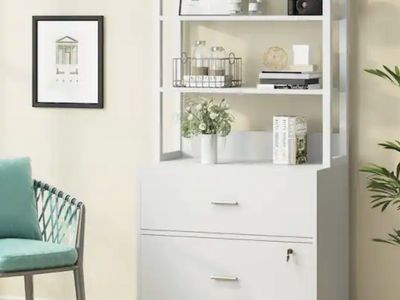 NEW Atencio 2-Drawer White Wood 29.5 in. W Vertical File Cabinet with Lock and Open Bookshelf