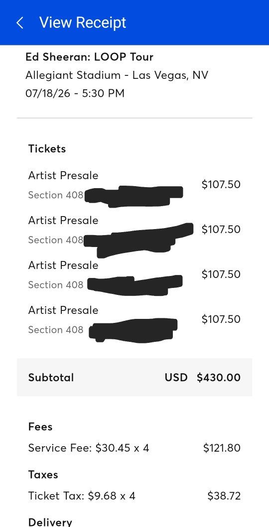 Ed Sheeran: LOOP Tour Tickets - Allegiant Stadium Las Vegas NV - 07/18/26 - 4 Tickets Section 408