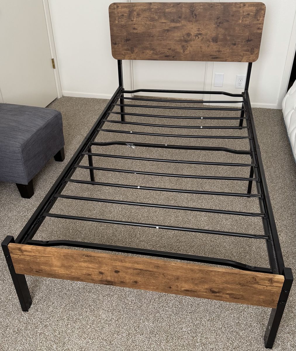 Rustic Industrial Twin Bed Frame – Wood-Look & Black Metal – $175 OBO