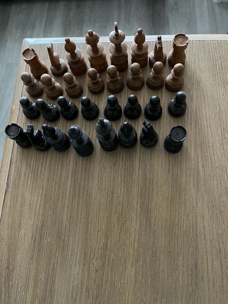 Vintage Hand-Carved Wooden Chess Pieces - Complete Set, Dark & Light Tones, Full 32 Pieces