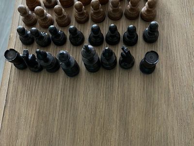 Vintage Hand-Carved Wooden Chess Pieces - Complete Set, Dark & Light Tones, Full 32 Pieces