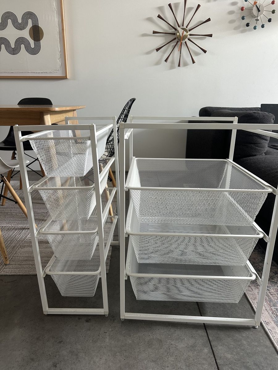 Two IKEA white mesh drawer units - 7 baskets