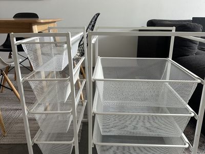 Two IKEA white mesh drawer units - 7 baskets