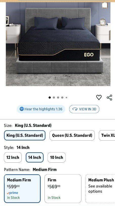 EGO Mattress King Size 14" Memory Foam Medium Firm CertiPUR-US