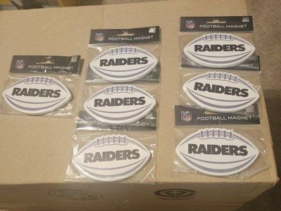 Lot of 7 NFL Las Vegas Raiders Football Shaped Magnets Brand New in Packaging Great stocking staffers. for all the Raiders Fans.