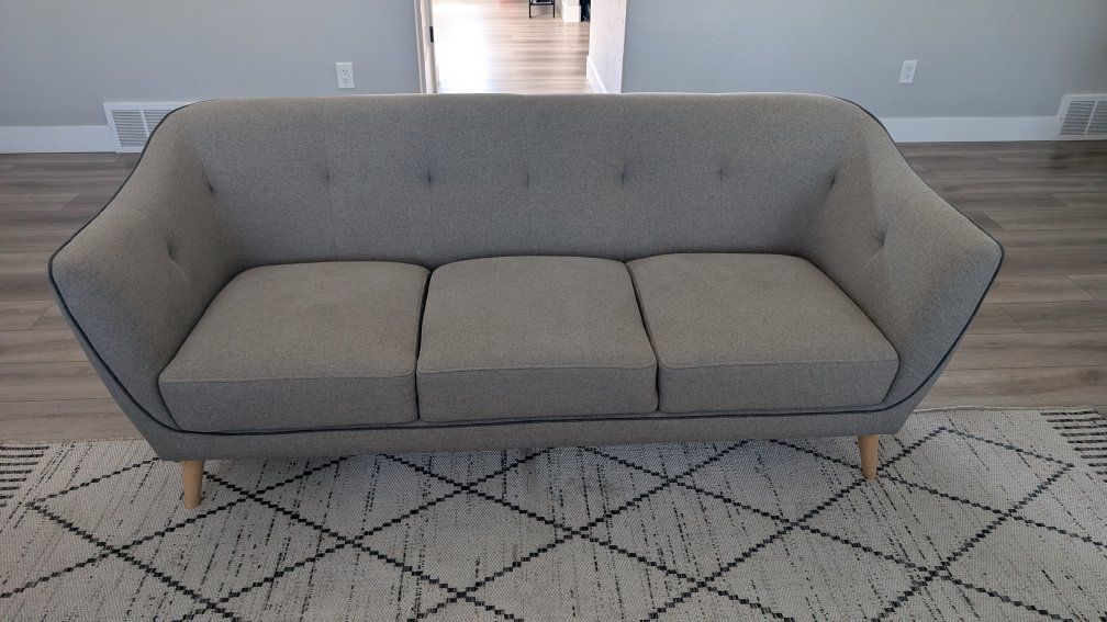 Mid-Century Modern Light Gray Fabric Sofa Couch 3-Seater with Wood Legs