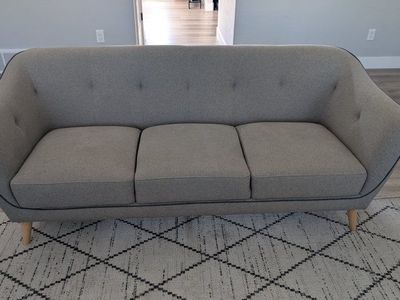 Mid-Century Modern Light Gray Fabric Sofa Couch 3-Seater with Wood Legs