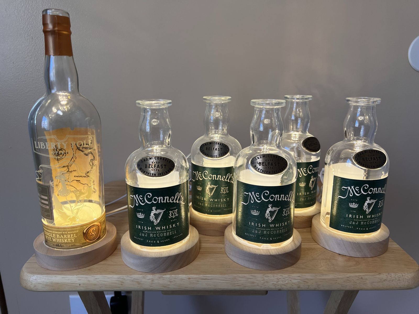 McConnell's Irish Whiskey & Liberty Pole Rye Empty Light-Up Bottles - Unique Decor Set $25 each