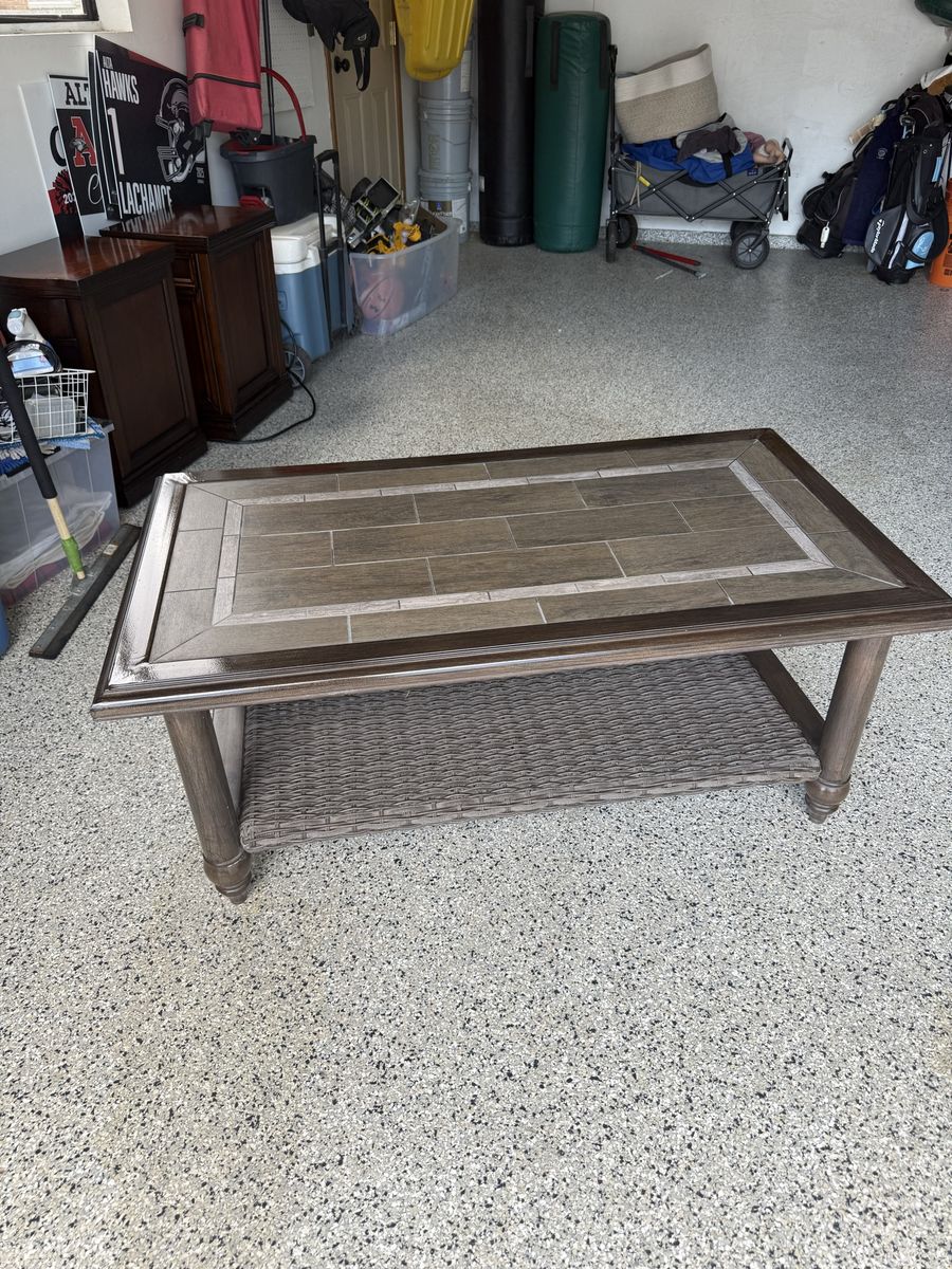 Indoor Outdoor Metal Frame Coffee Table with Faux-Wood Tile Top & Woven Shelf