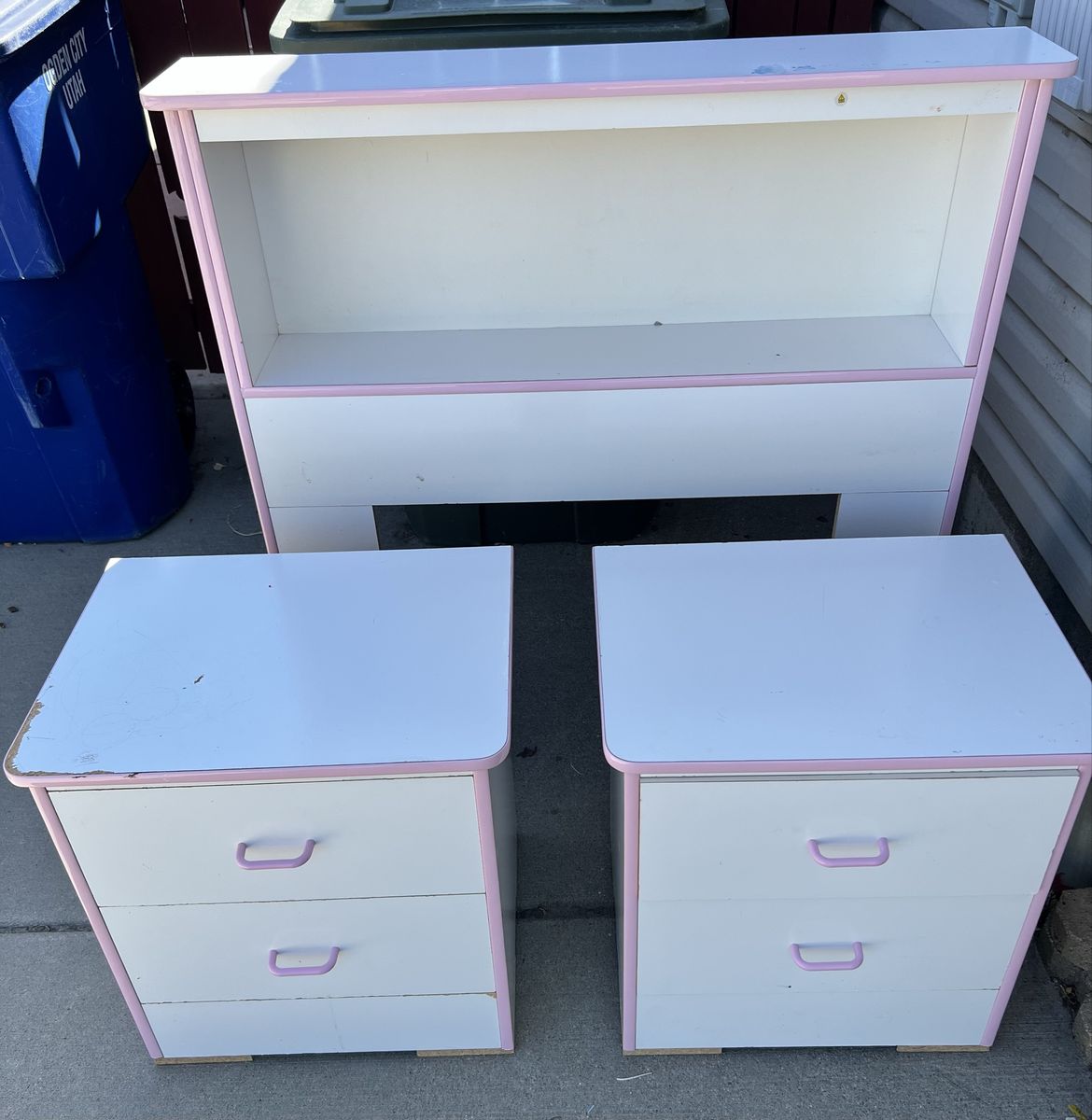 White and Pink Kids Headboard and Two Matching Nightstands Set
