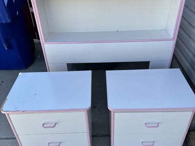 White and Pink Kids Headboard and Two Matching Nightstands Set